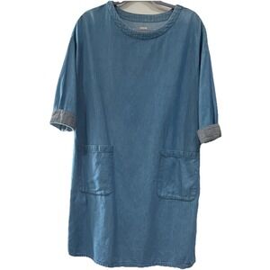 Giordano Denim Tunic Dress Blue Cotton 3/4 Sleeve Pockets Oversized Minimalist M